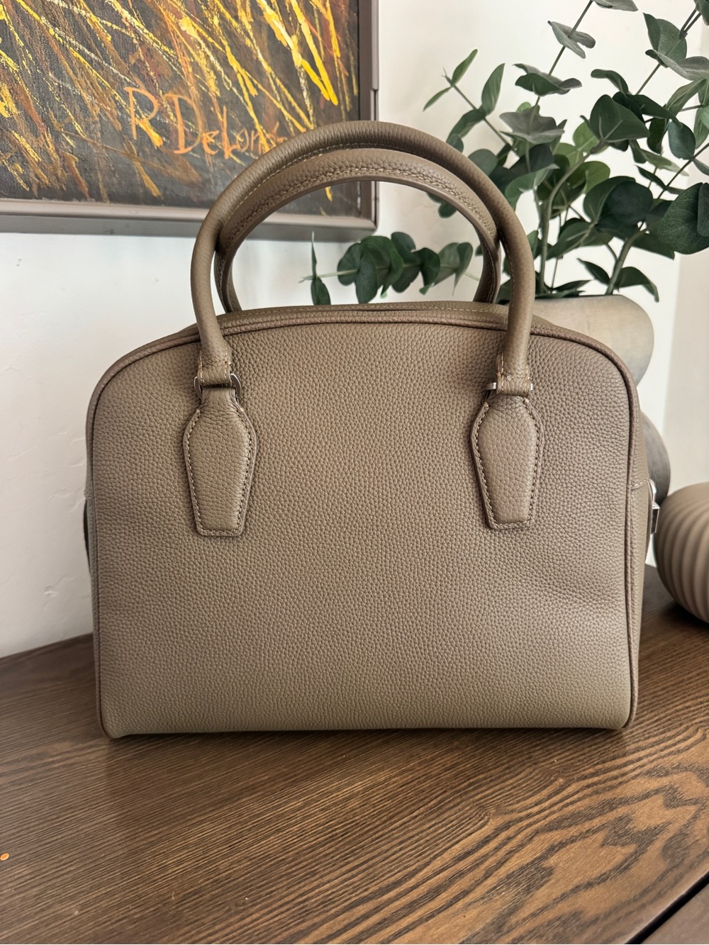 Structured Taupe Pebbled Leather Satchel